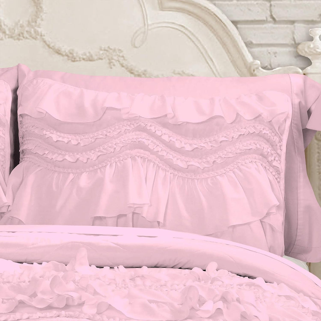 100% Egyptian Cotton, 550 GSM Microfiber Filled Quilt Ruffled Textured 3 Piece Full/Queen Size Comforter Set, Light Pink