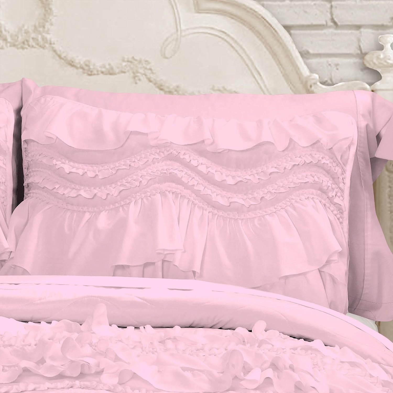 100% Egyptian Cotton, 550 GSM Microfiber Filled Quilt Ruffled Textured 3 Piece Full/Queen Size Comforter Set, Light Pink