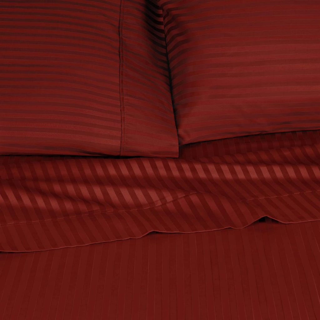 Superior Egyptian Cotton 300 Thread Count Bed Sheet Set, 1 Elastic Deep Pocket Fitted Sheet, 1 Flat Sheet, 2 Pillowcases, Daily Sheets, Luxury Home Essentials, Striped, Olympic Queen, Burgundy