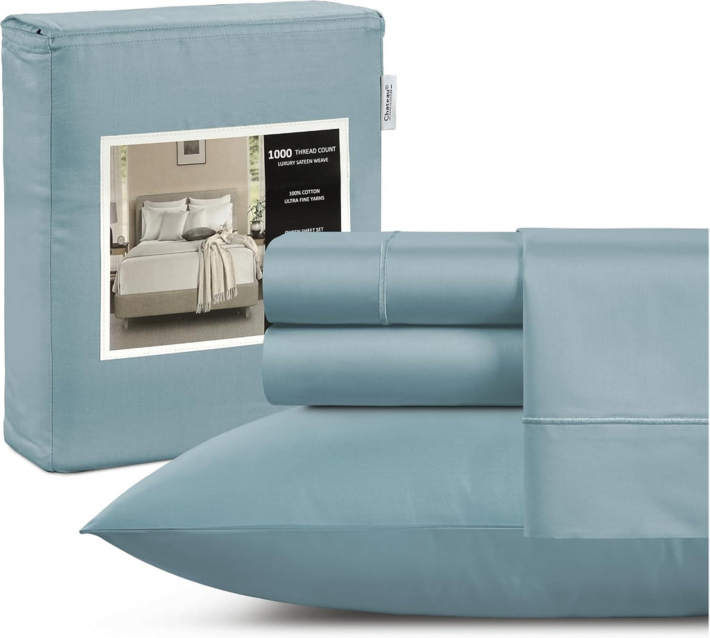 100% Cotton Sheets Queen Size Set- 1000 Thread Count Queen Size Sheets Set, Luxury Hotel Sheets, Soft & Smooth Sateen Weave, Cooling Sheets, 15' deep fitted sheets queen size- French Blue