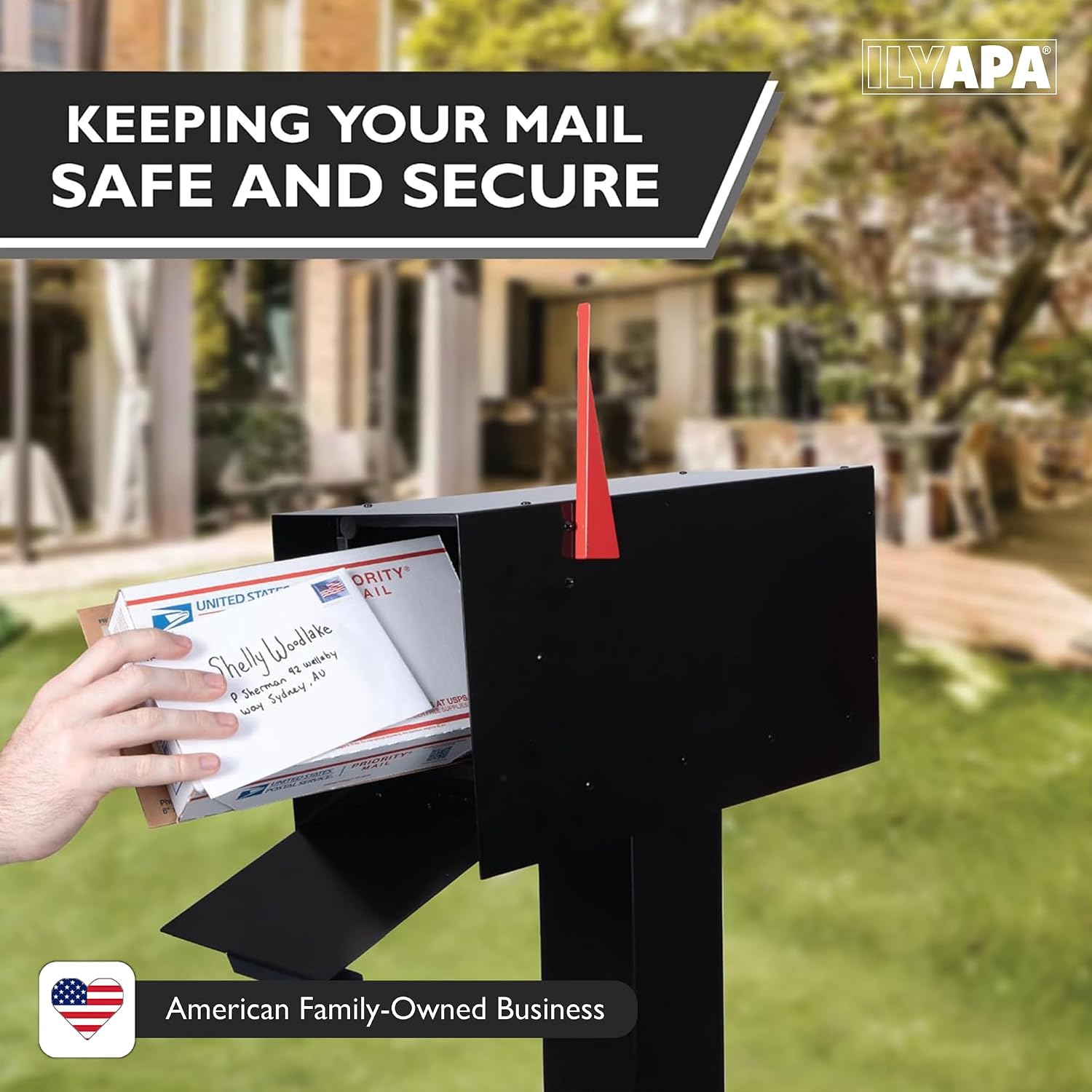 Ilyapa Modern Mailbox Design, Black Powder Coated, Tab Pull Handle, Steel Heavy Duty Curbside Welded Mail Box, Stainless Steel Hinges & Magnetic Door