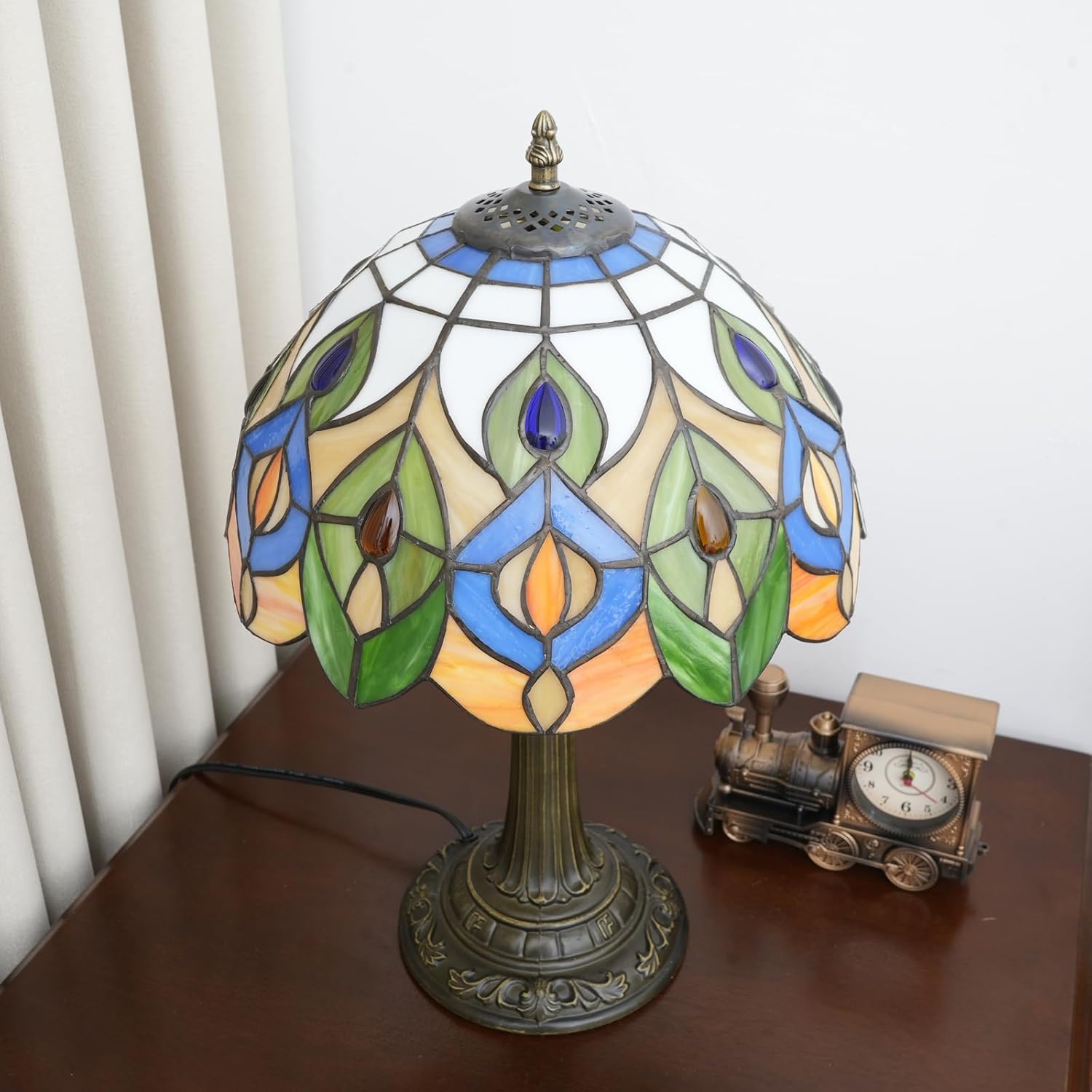 Tiffany Style Table Lamp With Retro Peacock Stained Glass Lamp 12 Inch Bronze Base Bedside Lamp Bedroom Living Rooms, Offices, Hotel Classics Luxury Style Decorative Ambient Light Bedside Lamp