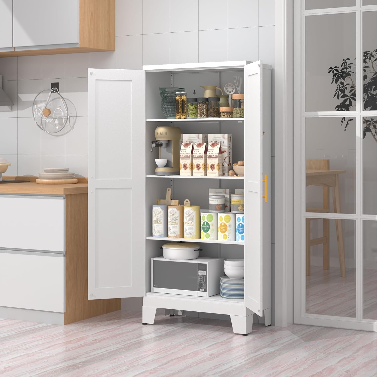 erosoei 61.02'H Pantry Storage Cabinet, Kitchen Storage Cabinets with Adjustable Feet and Shelves, Metal Pantry Cabinet for Kitchen, Living Room, Laundry Room and Dinning Room (2door-White)