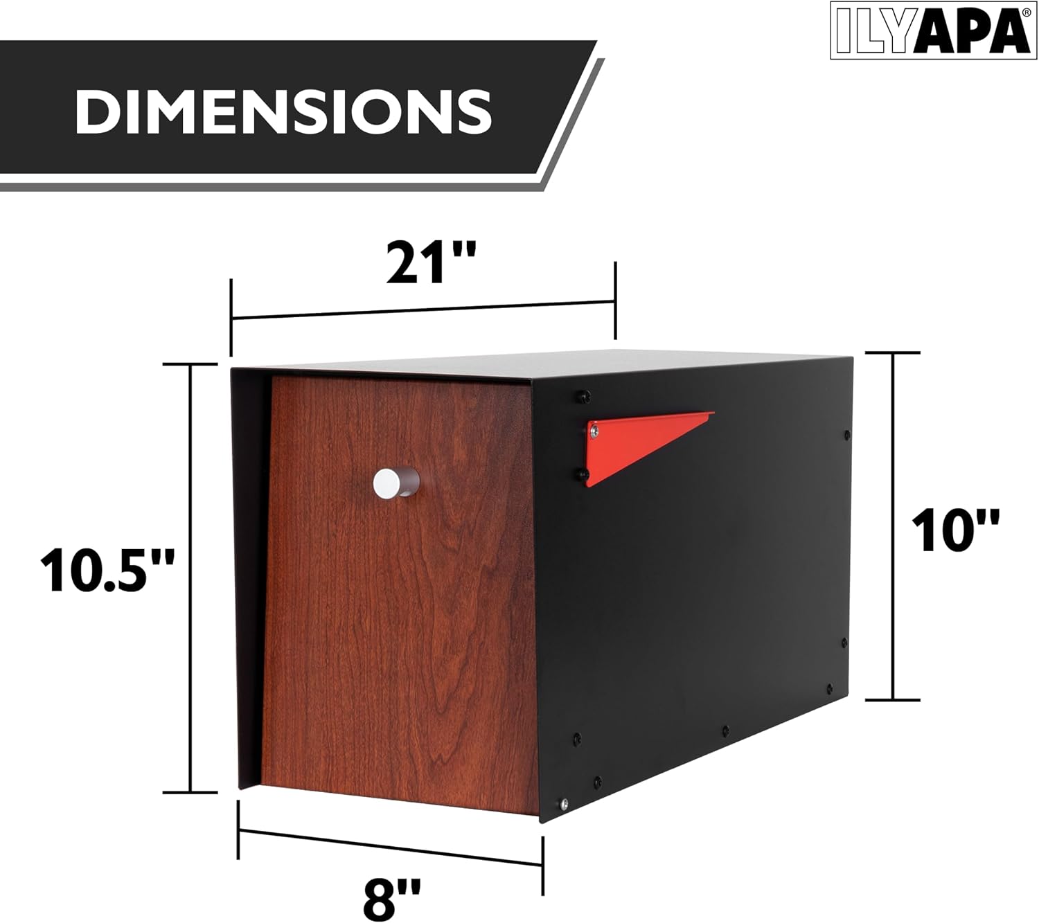 Ilyapa Post Mount Modern Mailbox - Black Exterior Powder Coated & Hydro Print Cherry Wood Grain Printed Door, Letterbox with Recessed Magnetic Close Door
