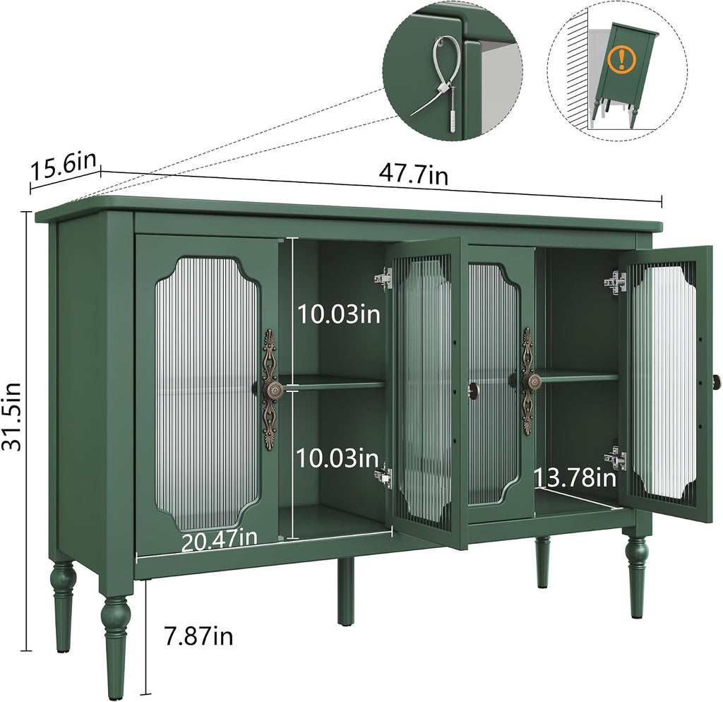 Vintage Buffet Sideboard with 4 Glass Doors, 48' Mid Century Style Storage Cabinet with Shelves, Deractive Crezada, Green Accent Cabinet for Living Room, Kitchen