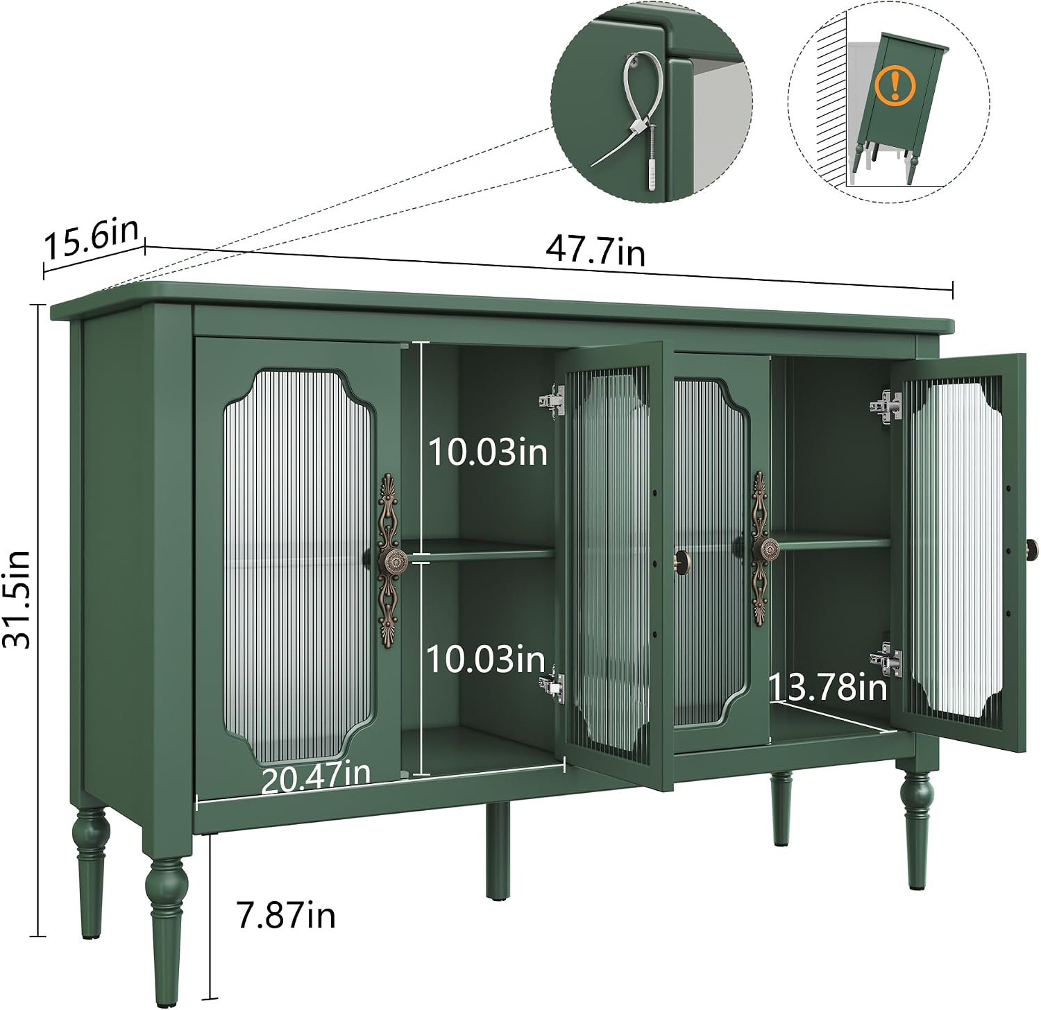 Vintage Buffet Sideboard with 4 Glass Doors, 48' Mid Century Style Storage Cabinet with Shelves, Deractive Crezada, Green Accent Cabinet for Living Room, Kitchen