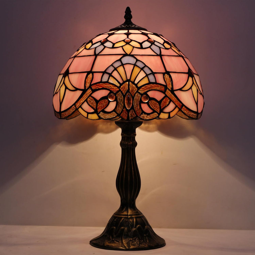 WERFACTORY Tiffany Lamp Stained Glass Table Lamp 12X12X18 Inch Pink Baroque Style Lavender Bedside Reading Desk Light Decor Bedroom Living Room Home Office S003P Series