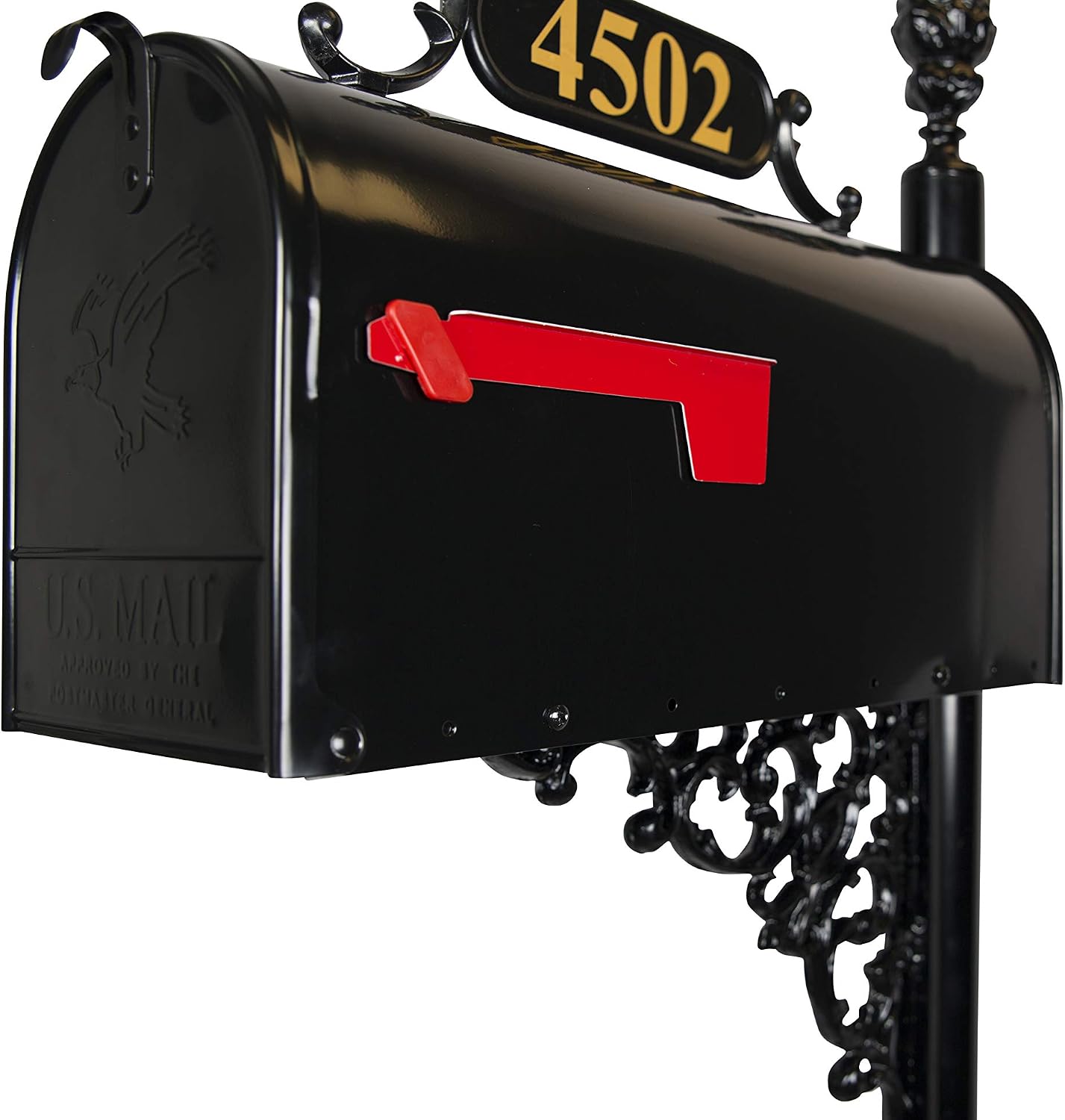 Magnolia Large Mailbox & Post System – Black Rust Resistant Mailbox – Includes Plaque, Decorative Bracket, Decorative Finial & Mounting Hardware - Customized Address Numbers
