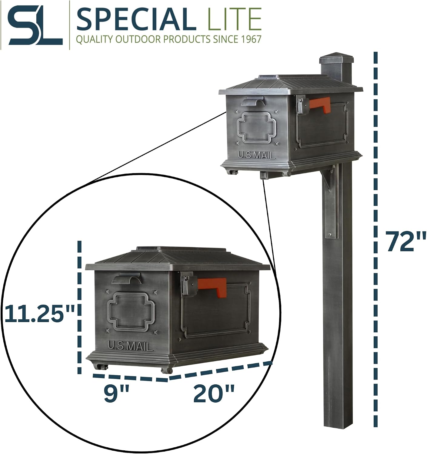 Special Lite Kingston Curbside Mailbox with Wellington Post - Swedish Silver Aluminum Mailbox with Post - SCK1017_SPK720-SW