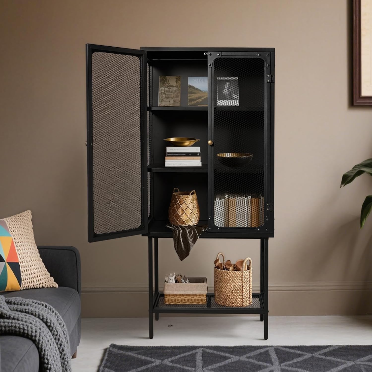 LOKKHAN Industrial Metal Display Cabinet, Black Mesh Door Storage Unit with Retro Handles, 59.1 x 27 x 12.6 Inch Tall Standing Shelving, Magnetic Holders, Adjustable Feet