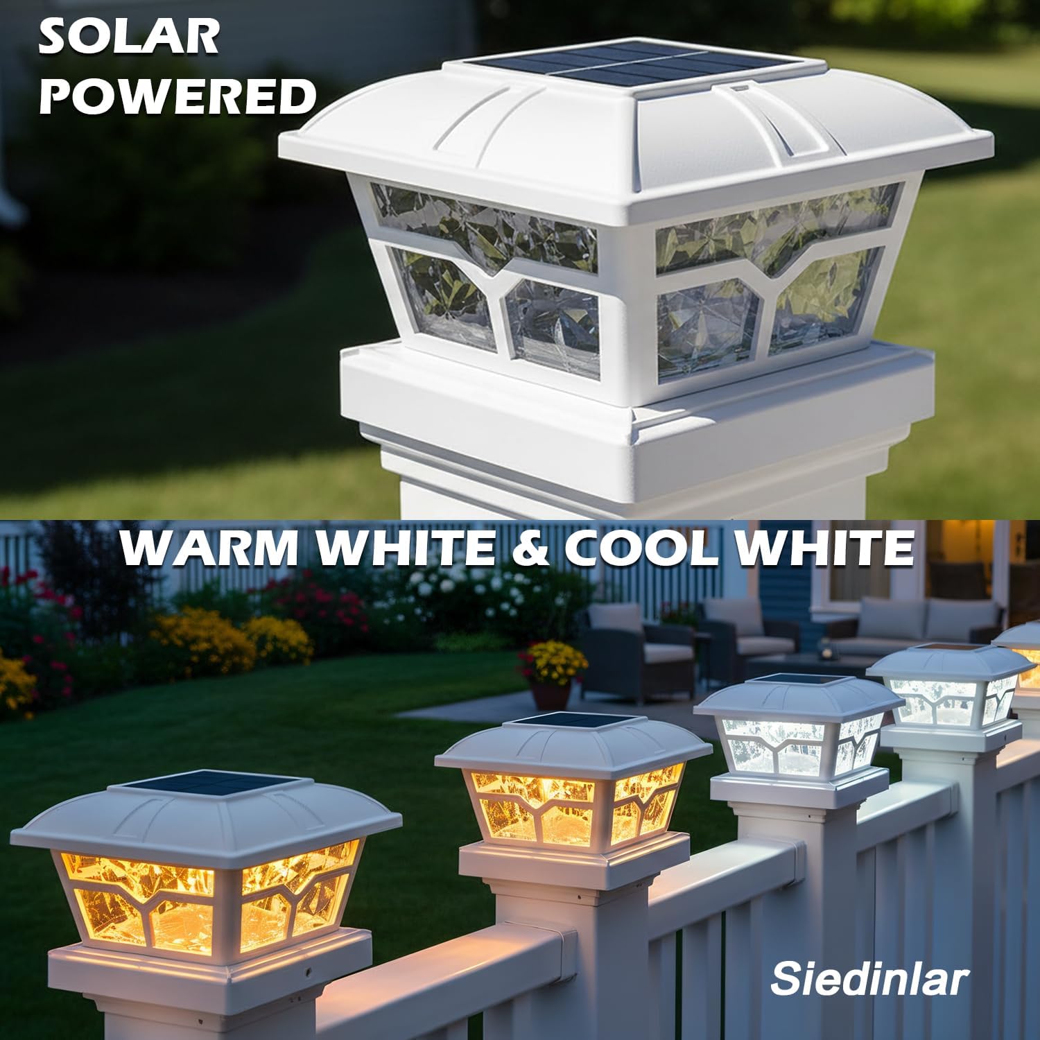 SIEDiNLAR Solar Post Cap Lights Outdoor 2 Color Modes 8 LEDs for 4x4 5x5 6x6 Wooden Vinyl Posts Fence Deck Patio Decoration Warm White & Cool White Lighting White (10 Pack)