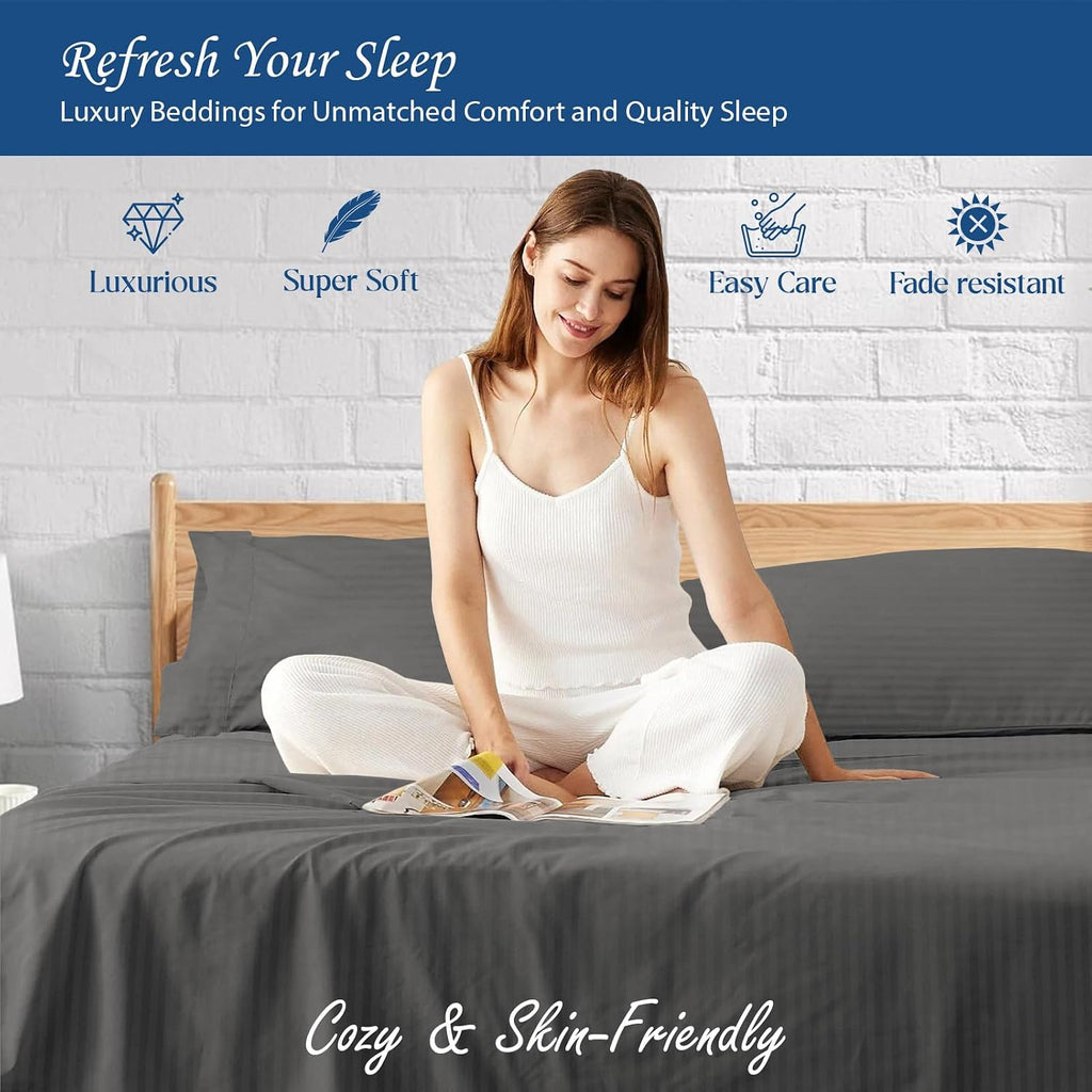 1000 Series - 100% Egyptian Cotton Sheet Set Soft & Comfy Breathable Hotel Quality Luxury Bedding - Fits Mattress Up to 18-20' Deep (Queen Size Stripe, Grey)