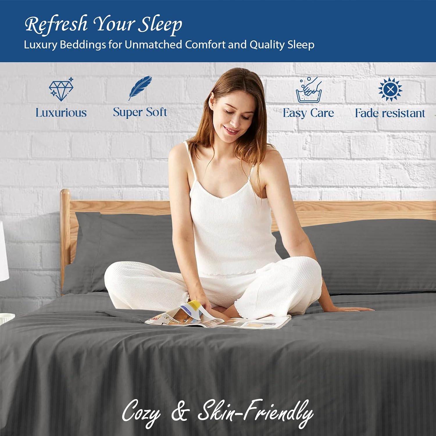 1000 Series - 100% Egyptian Cotton Sheet Set Soft & Comfy Breathable Hotel Quality Luxury Bedding - Fits Mattress Up to 18-20' Deep (Queen Size Stripe, Grey)