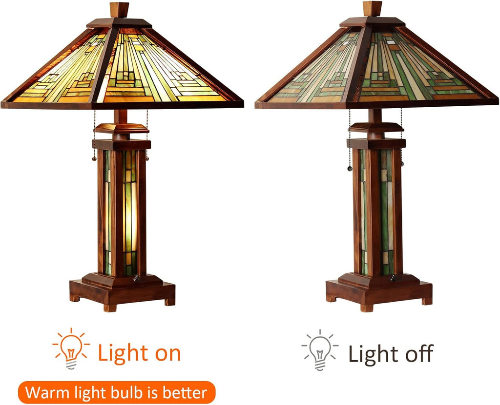 Capulina Tiffany Lamp Stained Glass Table Lamp 3-Light 15X15X26 Inches Amber Brown Wooden Base Tiffany Style Desk Lamp with Night Light Decor for Living Room Bedroom Home Office