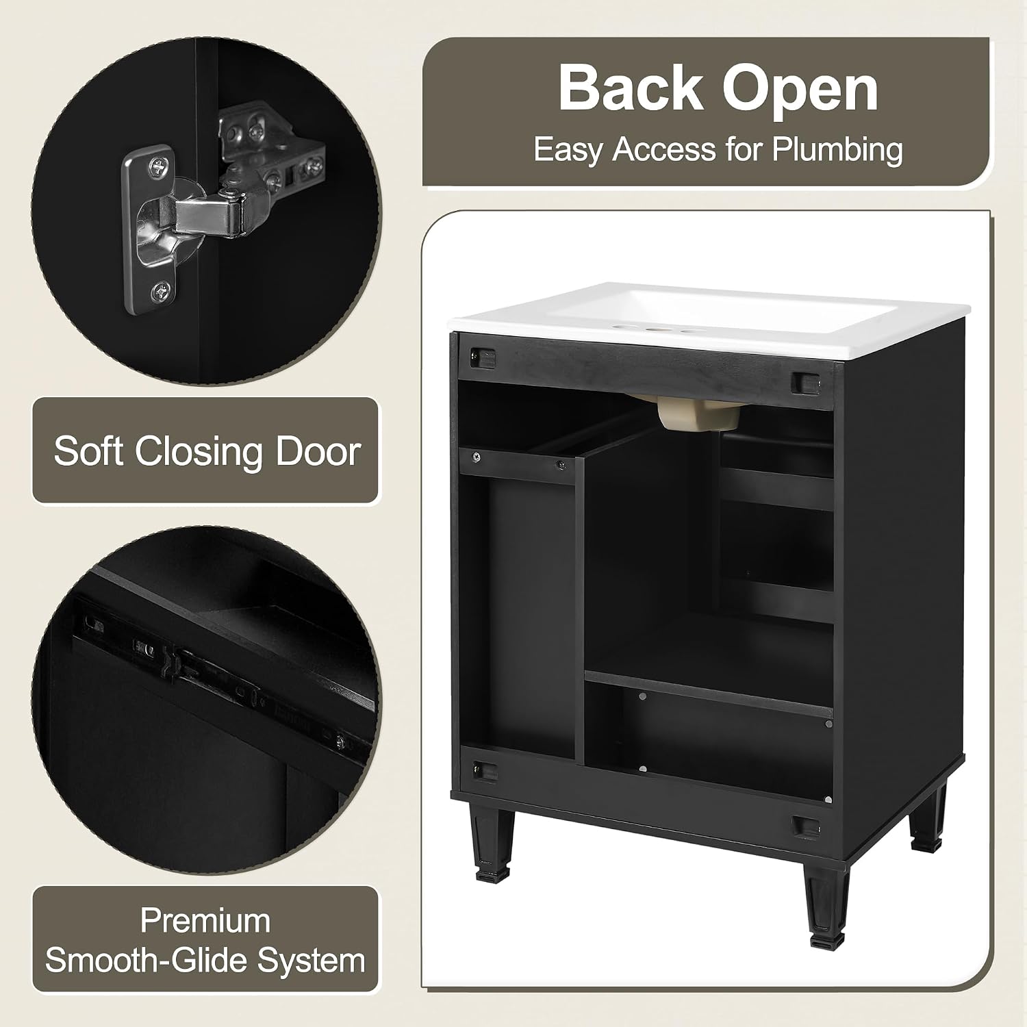Harper & Bright Designs 24' Bathroom Vanity with Sink, Free Standing Vanity Set with Door Shelf, Deep Drawer, and 2-Tier Pull-Out Basket, Wood Storage Cabinet with Ceramic Basin for Bathroom, Black