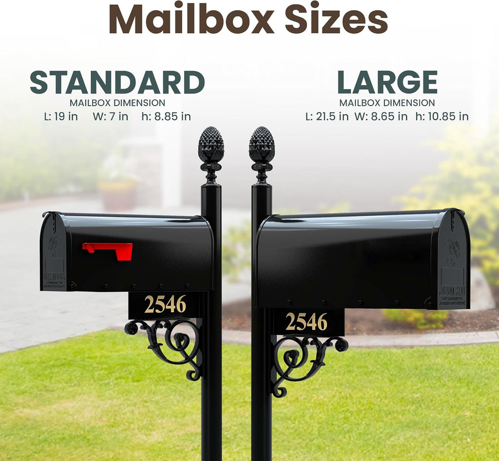 The Essex Standard Black Mailbox with Address Plaque, Flag, and Numbers Included. Complete Luxury Mailbox and Post Combo Kit with Beautiful, Unique, Classic, Traditional, Decorative Features.