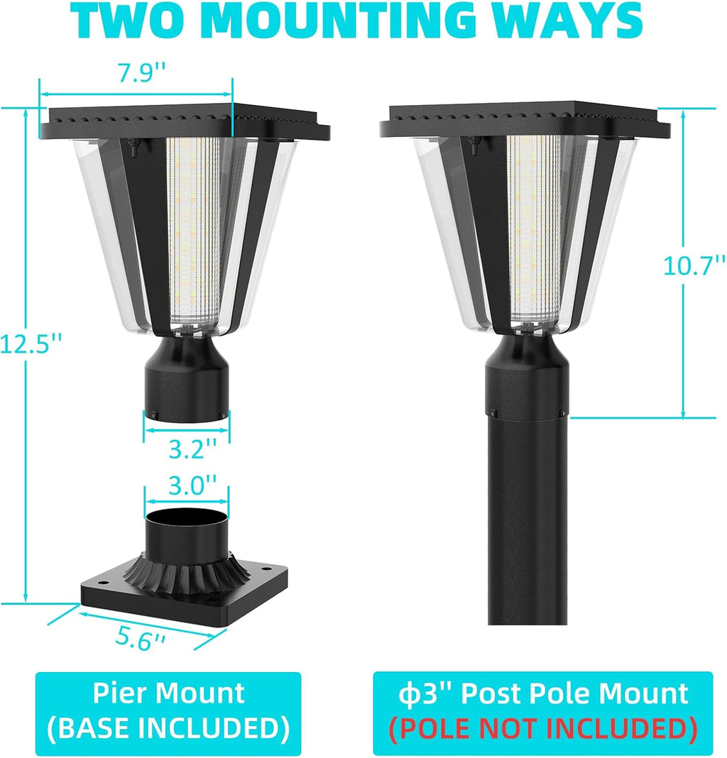 Lovus Solar Post Lights with Pier Mount Base, 6000K Cold White Solar Lamp Post Light IP65 Waterproof, Dusk to Dawn LED Outdoor Column Lights, 400LM Pole Light for Pillar, Garden, Yard, Gate, 2 Pack
