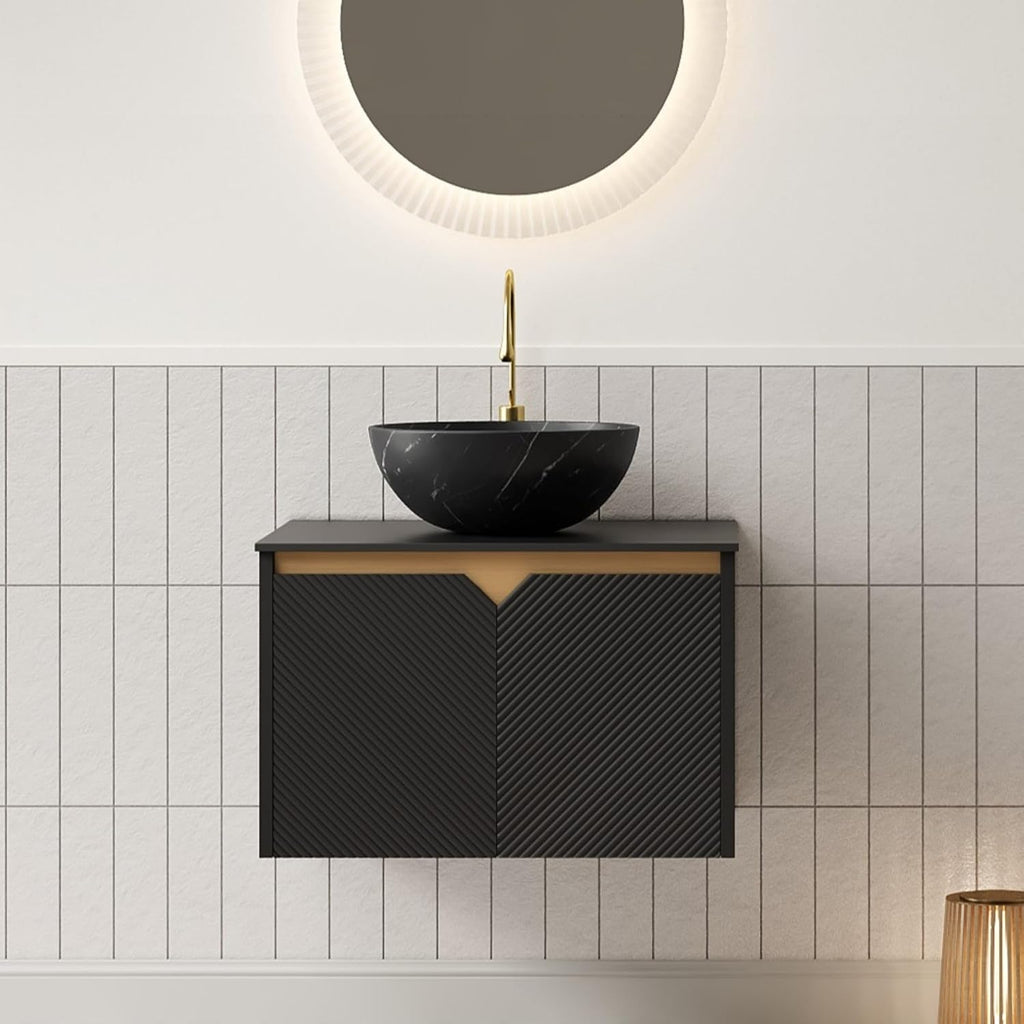 24 Inch Bathroom Vanity with Sink, Small Floating Fluted Vanity with Vessel Sink, Modern Wall Mounted Bathroom Vanity Cabinet with 2 Doors, Bowl Ceramic Sink & Sintered Stone Top, Black