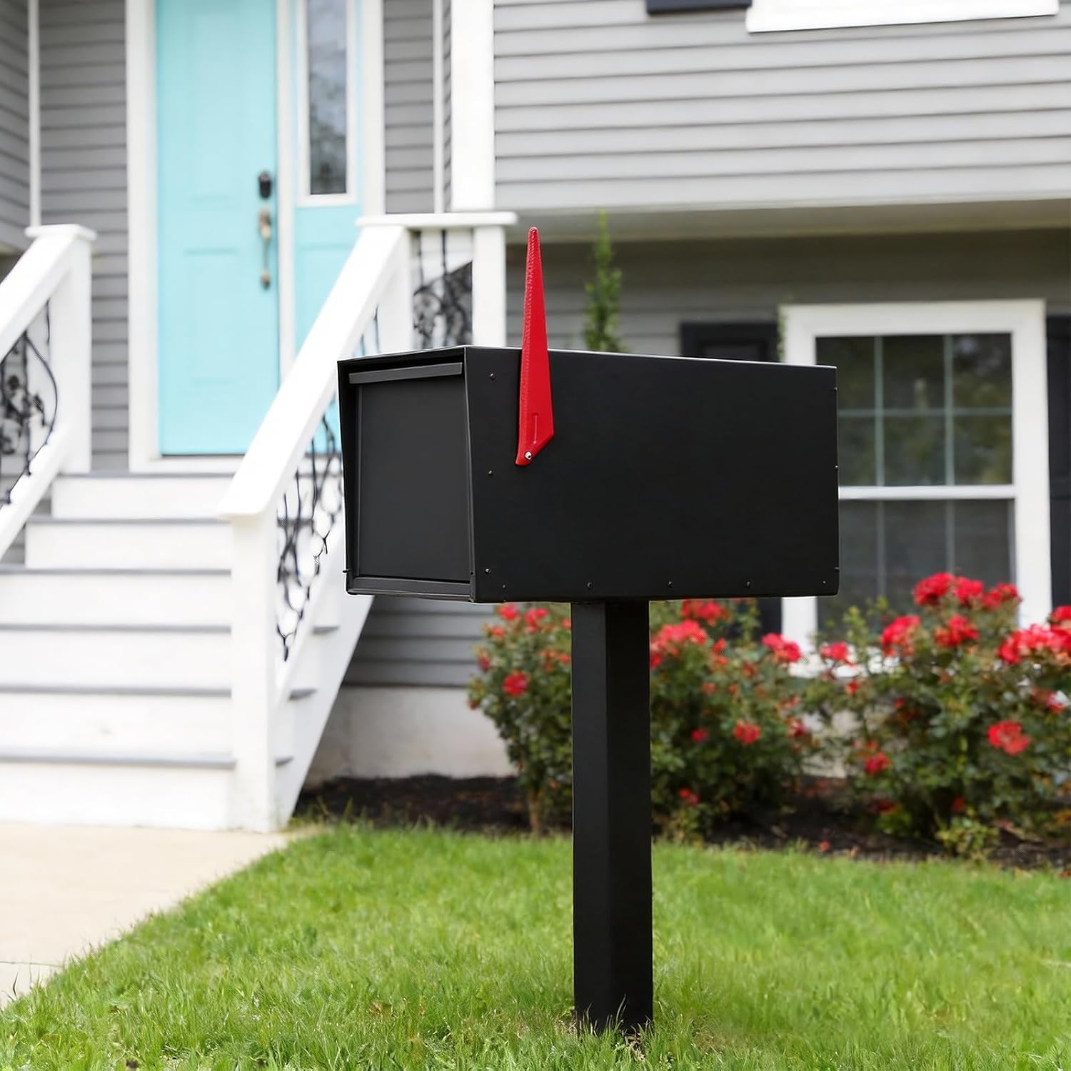Modern Post-Mounted Mailbox, Heavy Duty Mailbox with Flag, Weatherproof Mailboxes for Outside Galvanized Steel and Rust-Proof Metal Post Box, 20' x 10' x 10' Large Black Heavy Gauge Mailbox
