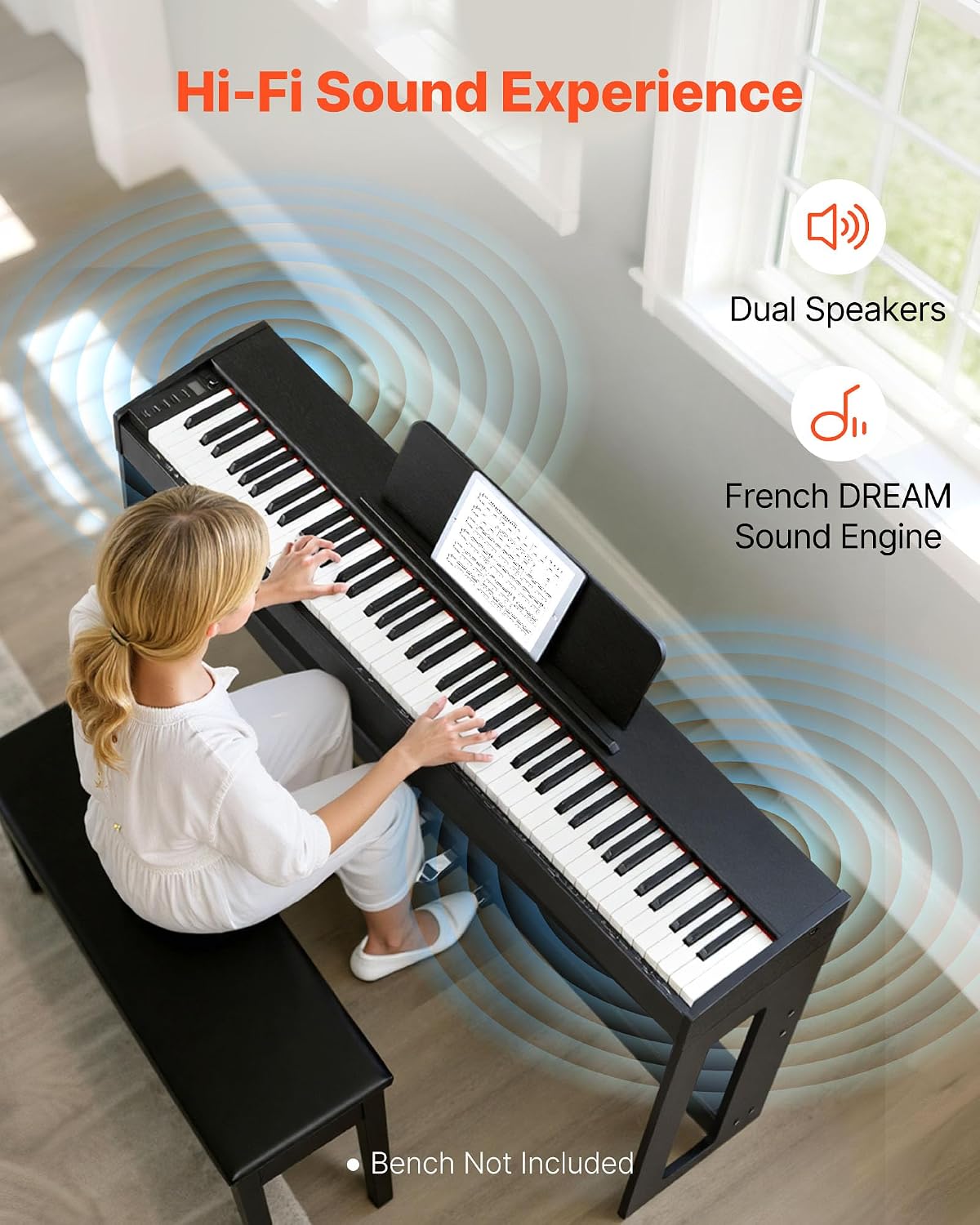 VEVOR Weighted Digital Piano, 88 Keys Fully Weighted, Electric Piano Keyboard with Furniture Stand, Power Adapter, Triple Pedal, Record Function, 280 Tones, Wireless Connection, for Beginners, Black