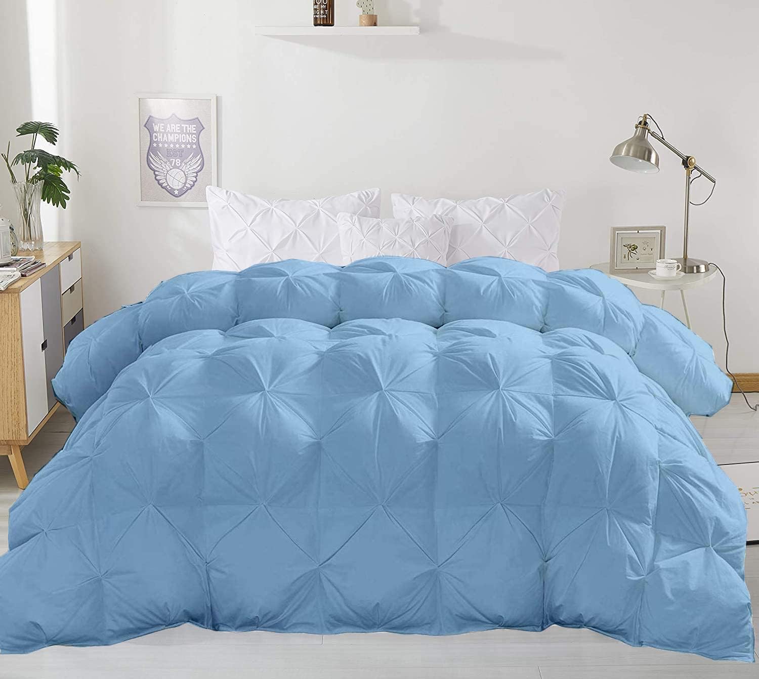 Light Blue Down Alternative Pinch Pleated Comforter- Oversized Queen Size 98 x 98 Inches 1 Piece All-Season Duvet Insert, 500 GSM with Corner Tabs 100% Egyptian Cotton- (Light Blue Solid)