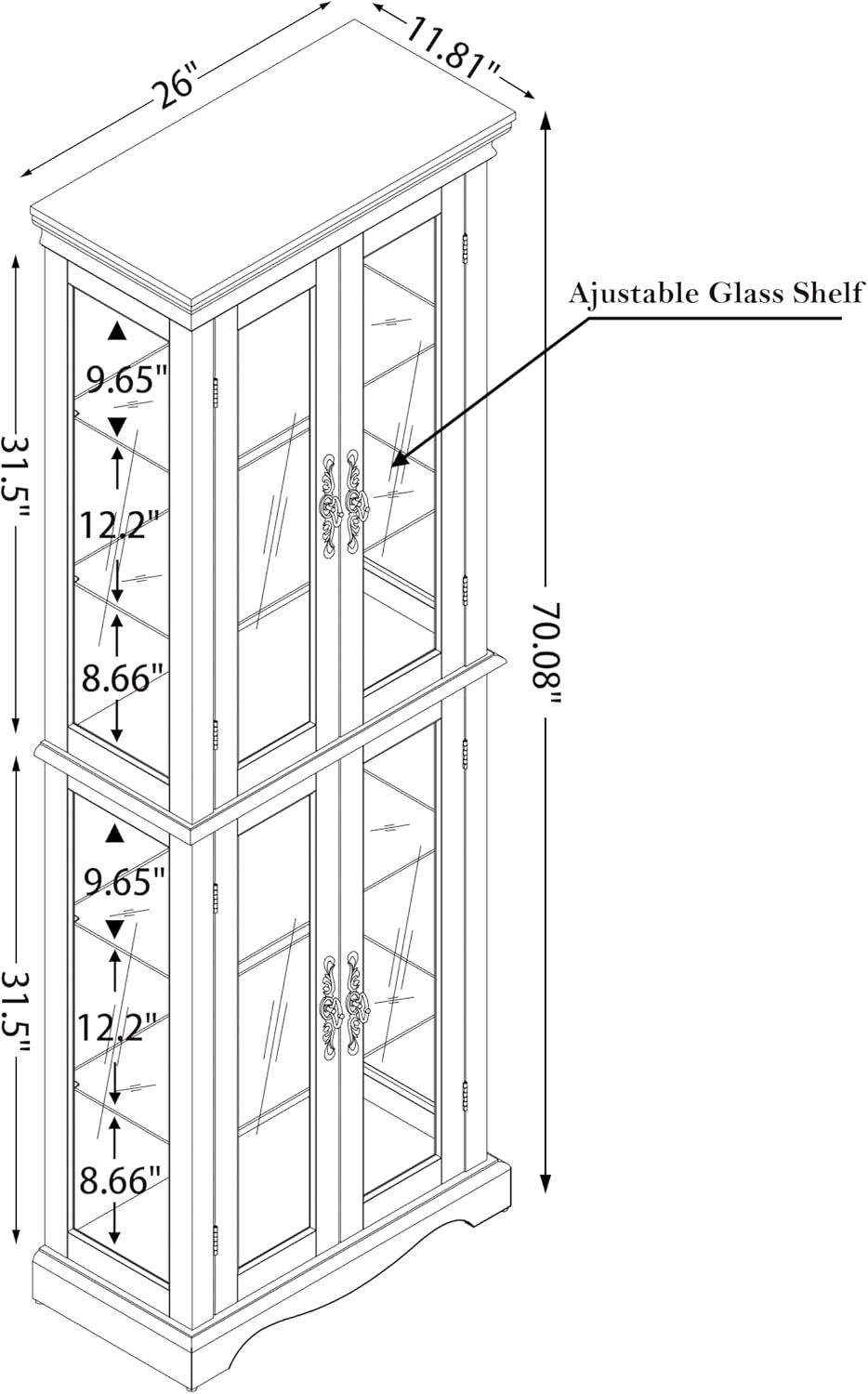 70'H Lighted Wooden Curio Cabinet, Freestanding Glass Display Case with Tempered Glass Door,Adjustable Shelves and Mirrored Back Panel, Decorative Storage Cabinet for Living Room,Office (Black)