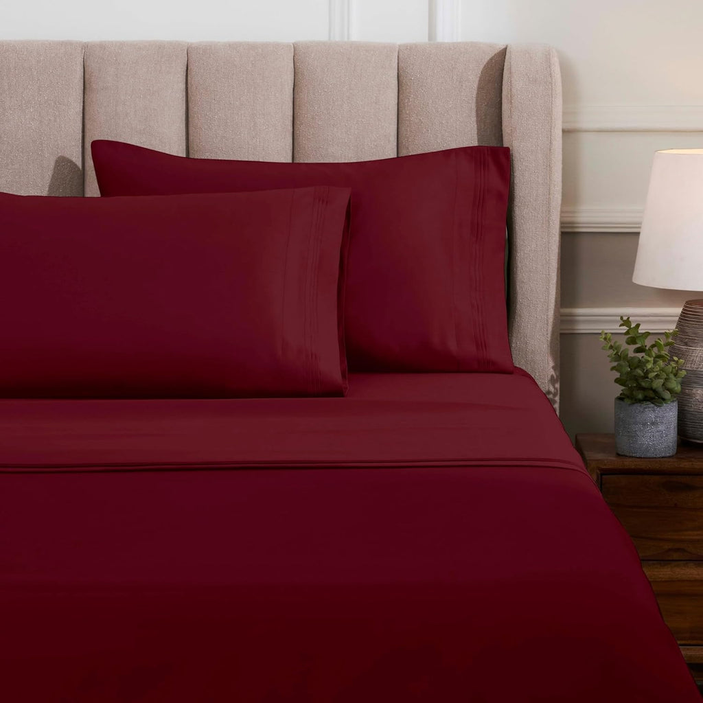 Superior Egyptian Cotton 4 Piece Sheet Set, Luxury 1000 Thread Count, Modern Design, Sustainable Sheets, Basics, Solid, Deep Pocket Fitted Sheet, Flat Sheet, Pillowcases, Olympic Queen, Burgundy