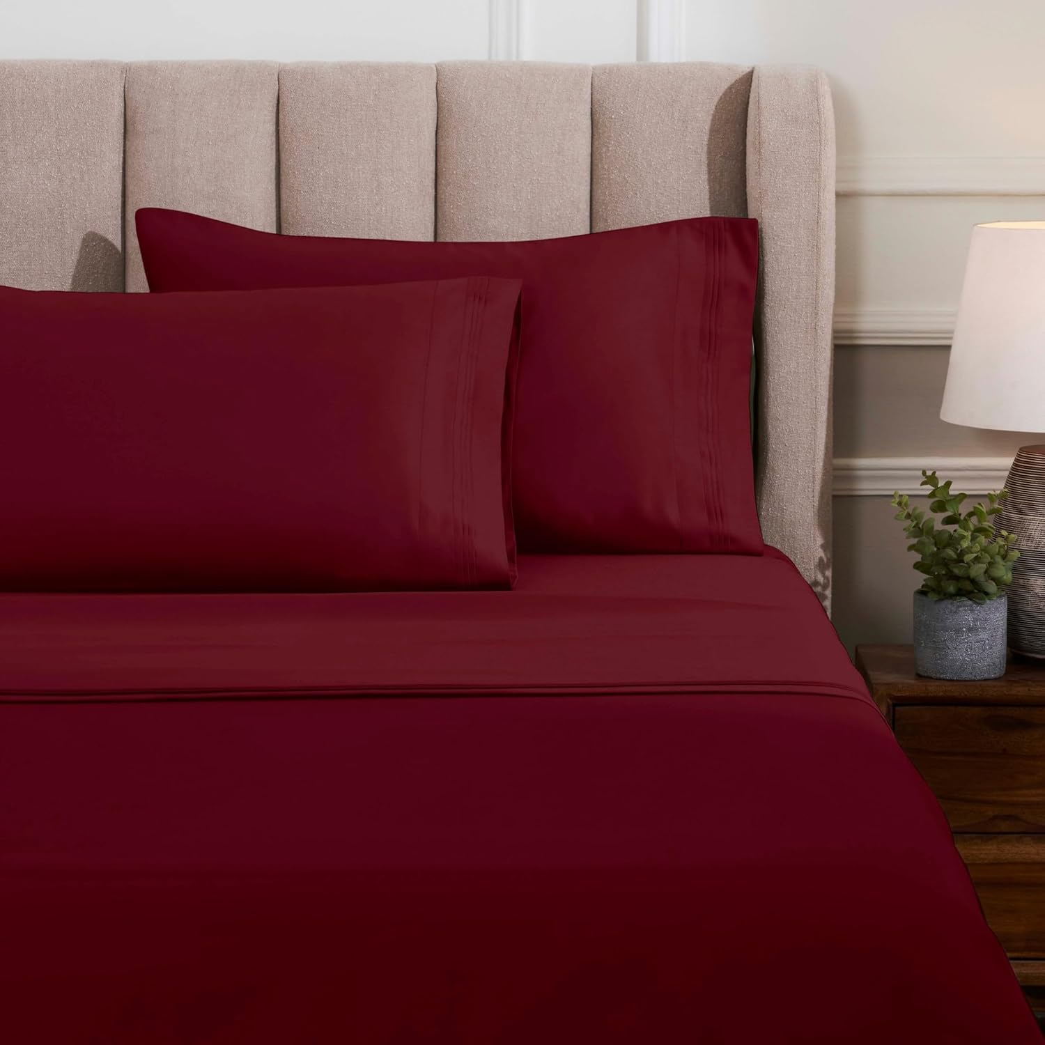 Superior Egyptian Cotton 4 Piece Sheet Set, Luxury 1000 Thread Count, Modern Design, Sustainable Sheets, Basics, Solid, Deep Pocket Fitted Sheet, Flat Sheet, Pillowcases, Olympic Queen, Burgundy