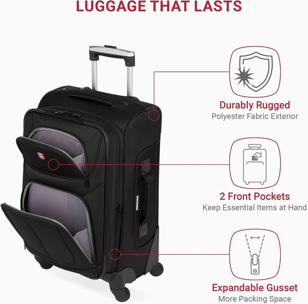 SWISSGEAR Sion Softside Expandable Spinner Luggage Durable Lightweight Travel Suitcase, Black, Carry-On