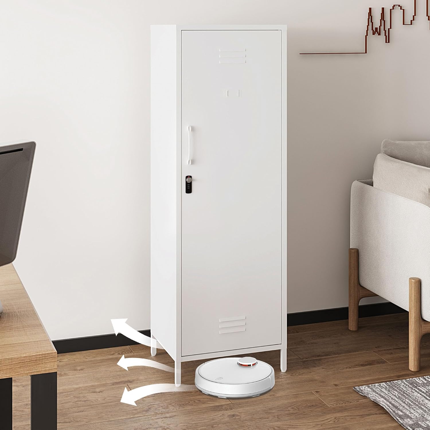 Steehoom Metal Locker Cabinet with Lock, Steel File Locker with Door and 3 Adjustable Narrow Storage Cabinet Shelves 59.06-inch high for School, Living Room, Bedroom, Office (White, H59.06'')