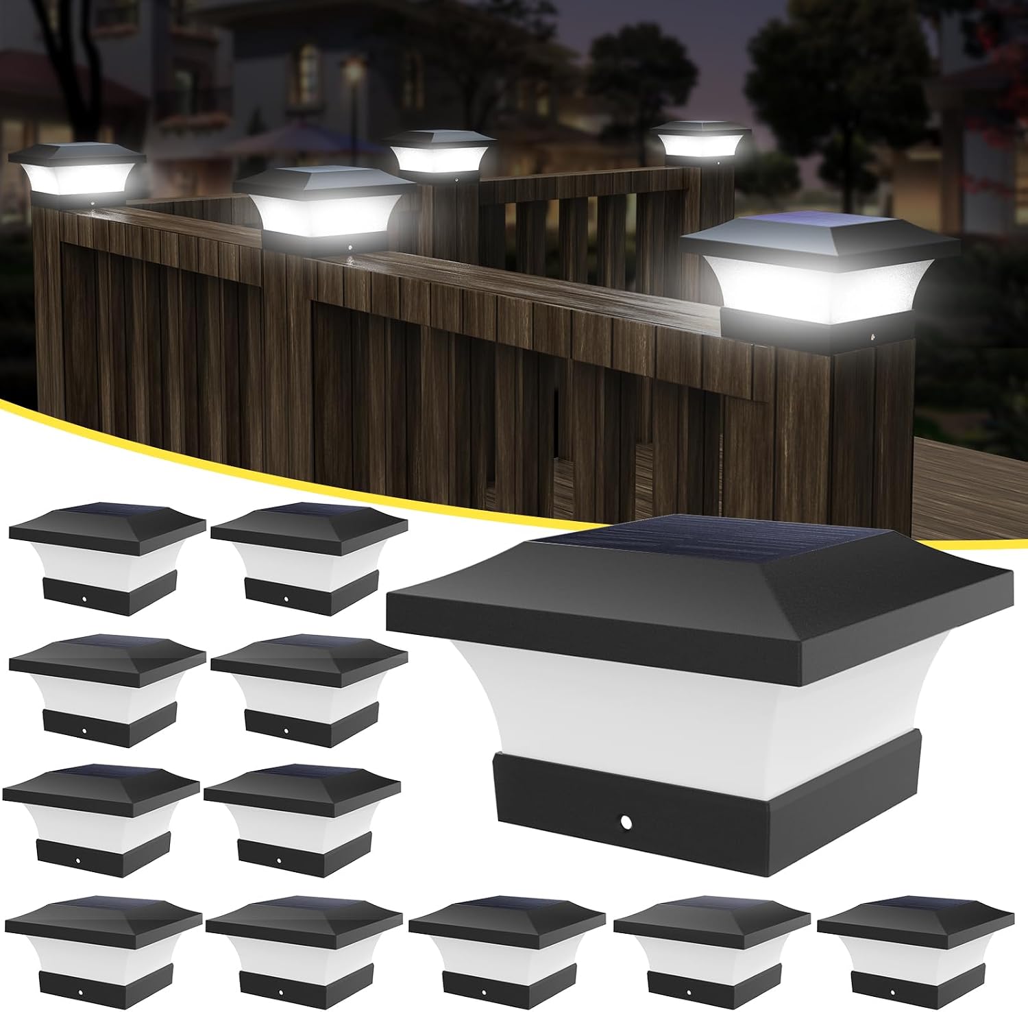 T-SUN Solar Post Lights, 12 Pack Waterproof Outdoor Solar Post Cap Lights for 4X4 Wooden Posts, 6000K Cool White LED Lighting, Deck, Patio Garden Decor or Fence