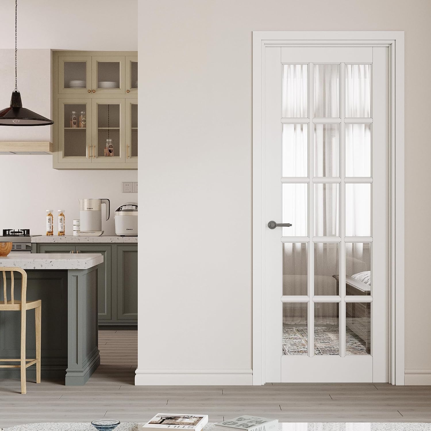 30' x 80' Prehung Door 15-Lite Tempered Clear Glass Slab Doors with Jamb Kit, Solid Core MDF Interior Door for Bathroom Pantry Laundry, Home Doors, Easy Assemble - Right Handed