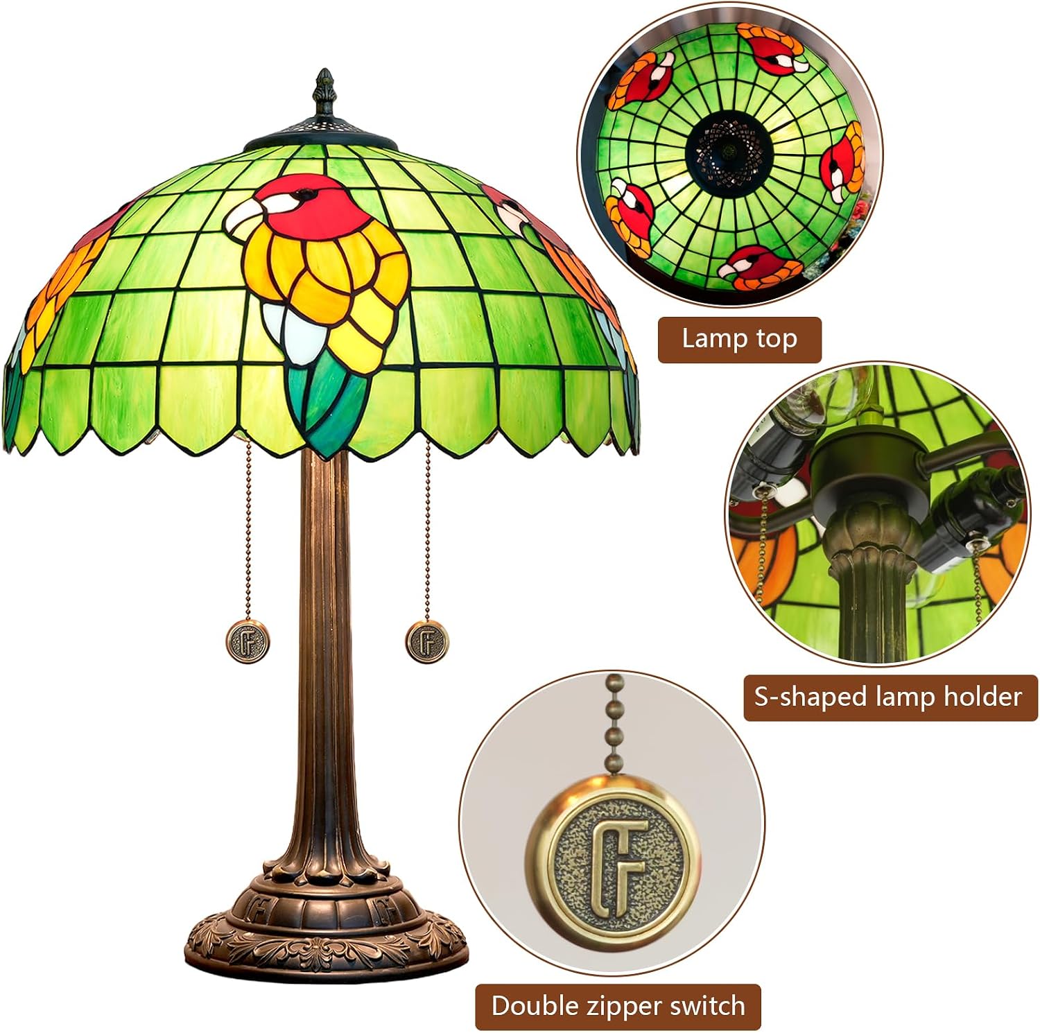 Tiffany Table Lamp Green Stained Glass Parrot Style Bedside Lamp 16X16X23 Inches Desk Decor Light Classic Farmhouse Reading Table Lamps for Home Office