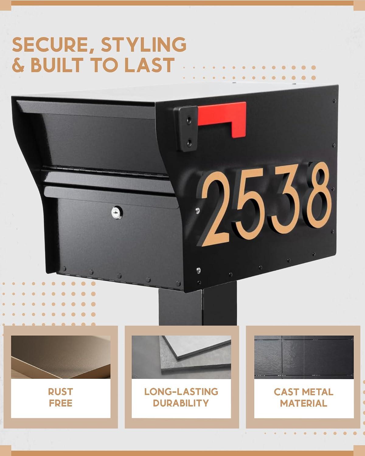 Whitehall Personalize MailVault Streetside Locking Mailbox Heavy Duty Steel Anti-Theft Mailbox for Outside, Modern Mailbox with Key Lock, Weather Resistant