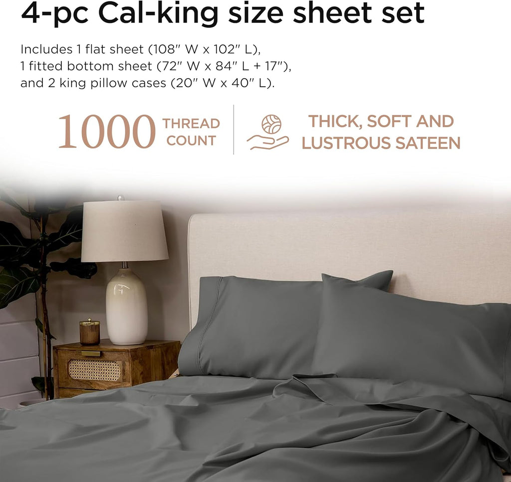 Threadmill Certified 100% American Supima Cotton Luxury Sheets, California-King Sheets, 1000 Thread Count Sateen Weave, 4 Pc Bed Sheets Set, Dark Grey Sheet with Elasticized Deep Pocket