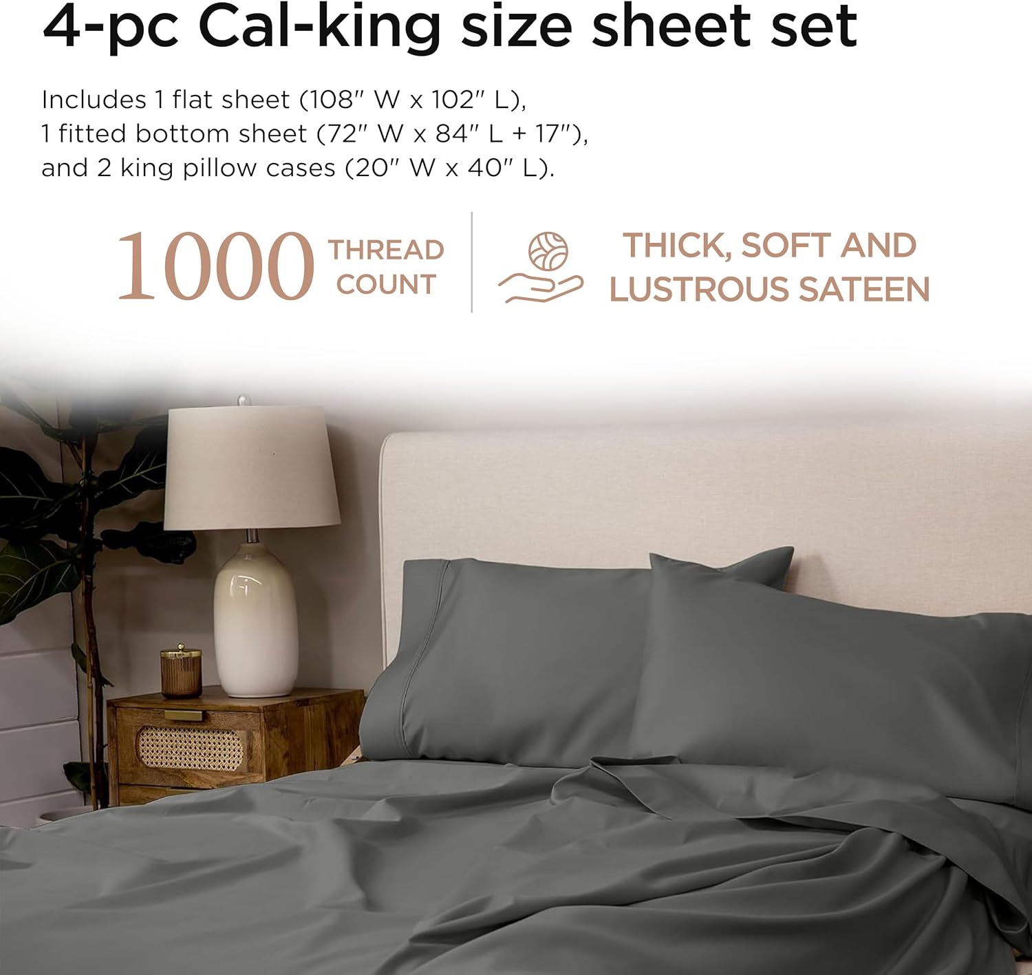 Threadmill Certified 100% American Supima Cotton Luxury Sheets, California-King Sheets, 1000 Thread Count Sateen Weave, 4 Pc Bed Sheets Set, Dark Grey Sheet with Elasticized Deep Pocket