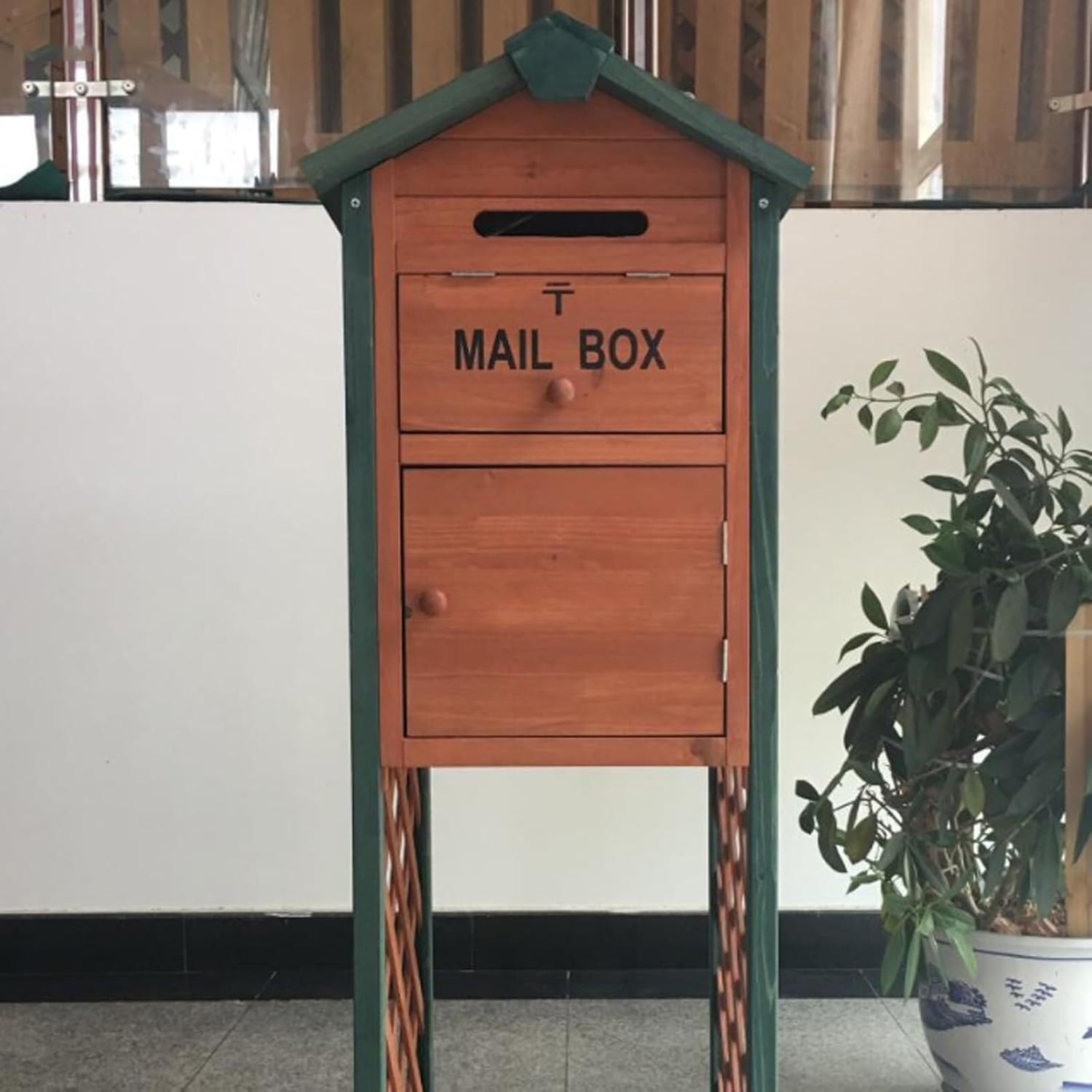 Retro Mailboxes Vertical Wooden Mailbox Outdoor Weatherproof Drop Box Post-Mount Post Box for Home Street Suggestion Post Decoration