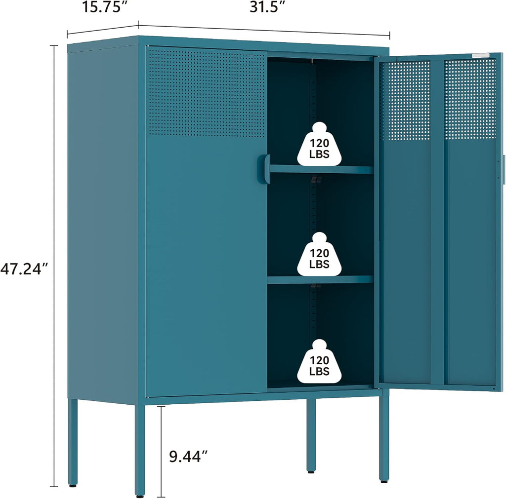 Metal Storage Cabinet,2 Door TV Stand, Metal Mesh Accent Cabinet,Magnetic Door Closure,Low Storage Cabinets with Doors and Shelves