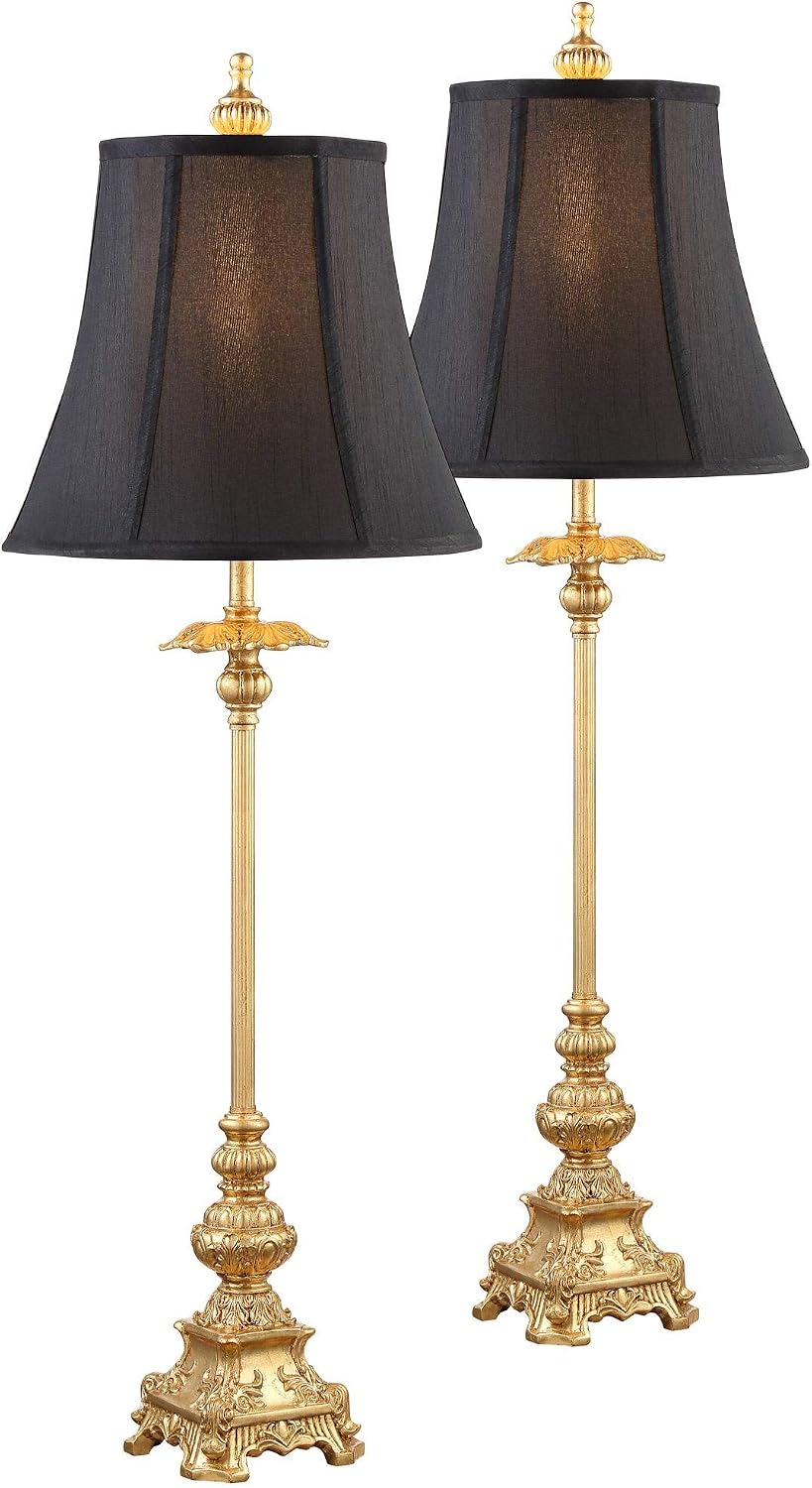 Regency Hill Juliette Traditional French Country Buffet Table Lamps 36.5' Tall Skinny Set of 2 Glam Luxury Style Gold Candlestick Black Fabric Bell Shade for Living Room House Home Entryway