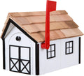 Amish Cedar Roof Wooden Mailbox with Window & Door Trim (White with Black Trim)