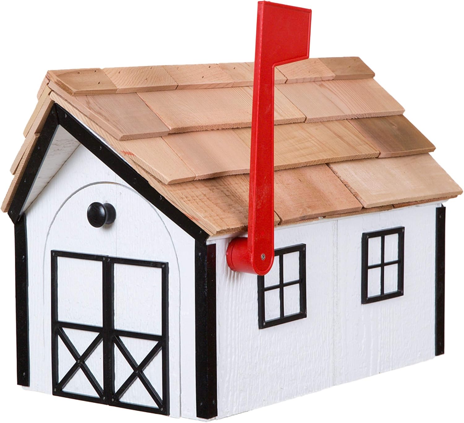 Amish Cedar Roof Wooden Mailbox with Window & Door Trim (White with Black Trim)
