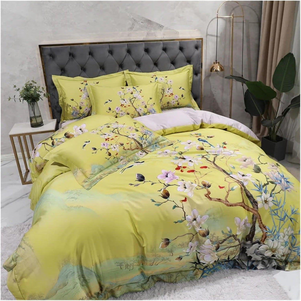 Egyptian Cotton Bedding Queen King Size 4Pcs Birds and Flowers Leaf Gray Shabby Duvet Cover Bed Sheet Pillow Shams,Cotton Duvet