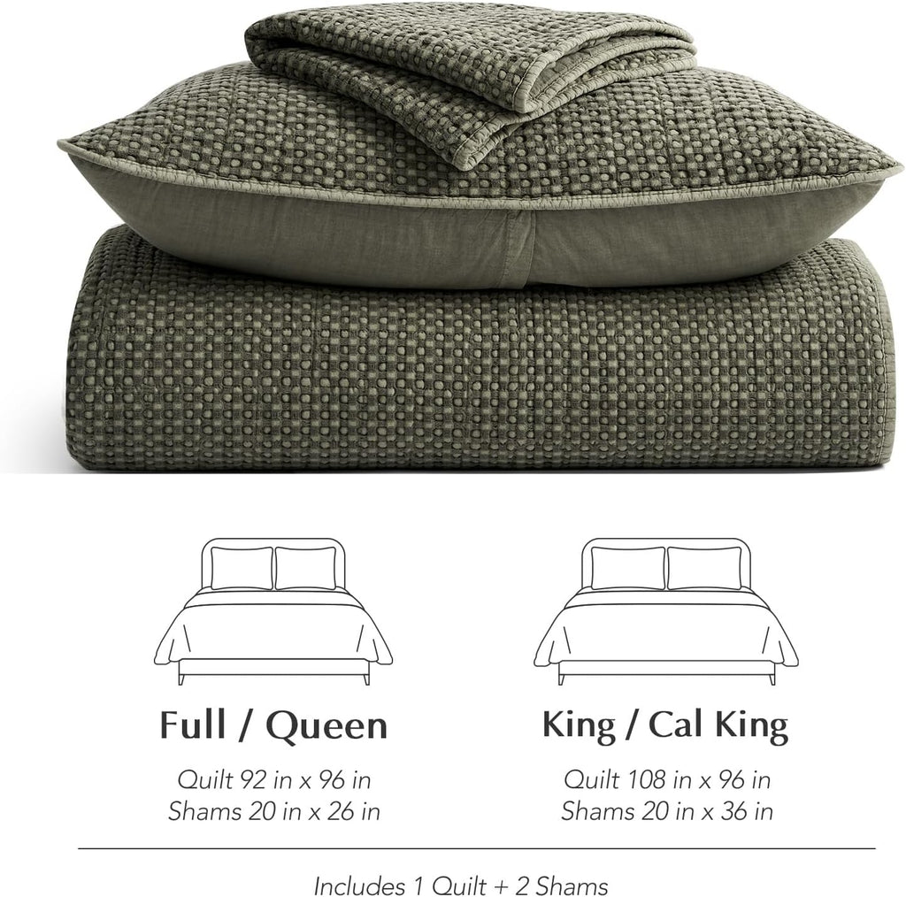 EverGrace Stonewashed 100% Natural Cotton Waffle Quilt Set Queen Size 3 Pieces, Durable, Textured & Substantial Bedding, Quilted Coverlet Bedspread with 2 Shams for All Seasons, Olive Green