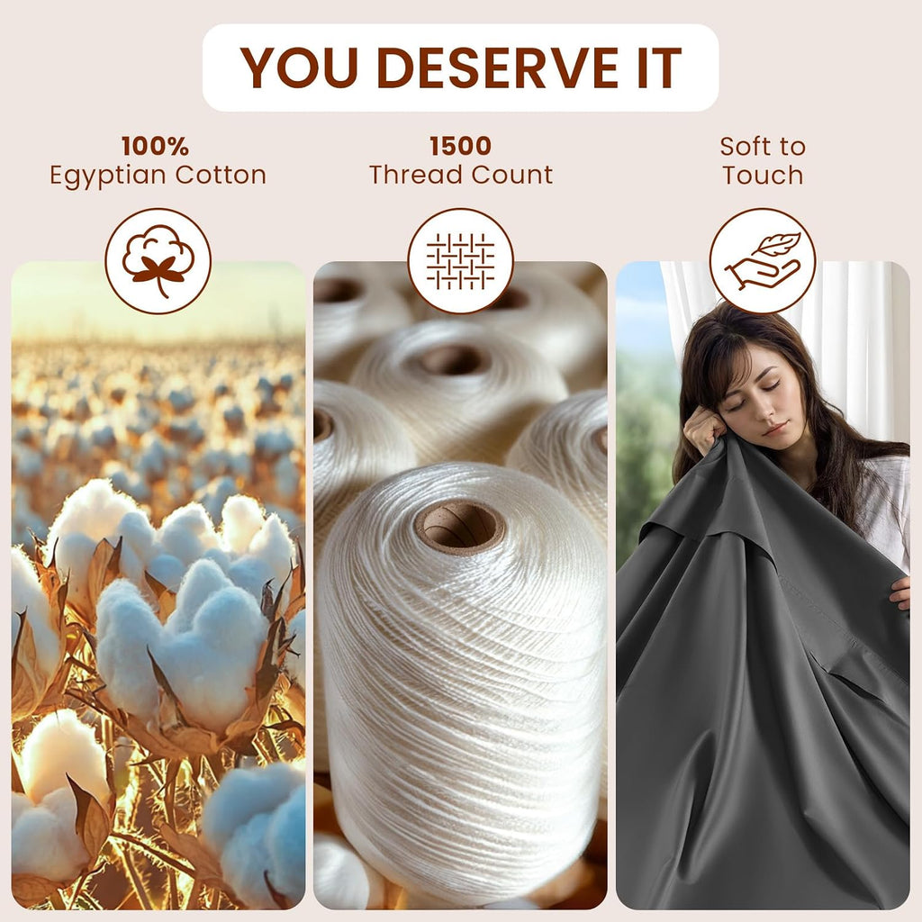 LBRO2M 1500 Thread Count Egyptian Cotton Queen Sheets Set (Dark Gray, 4 Piece)