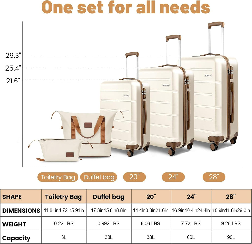 5 Piece 20' 24' 28' ABS Hardside Luggage Set, Lightweight Suitcase with TSA Lock & Smooth Spinner Wheels for Weekend and Air Travel (20/24/28/DB/TB Beige)