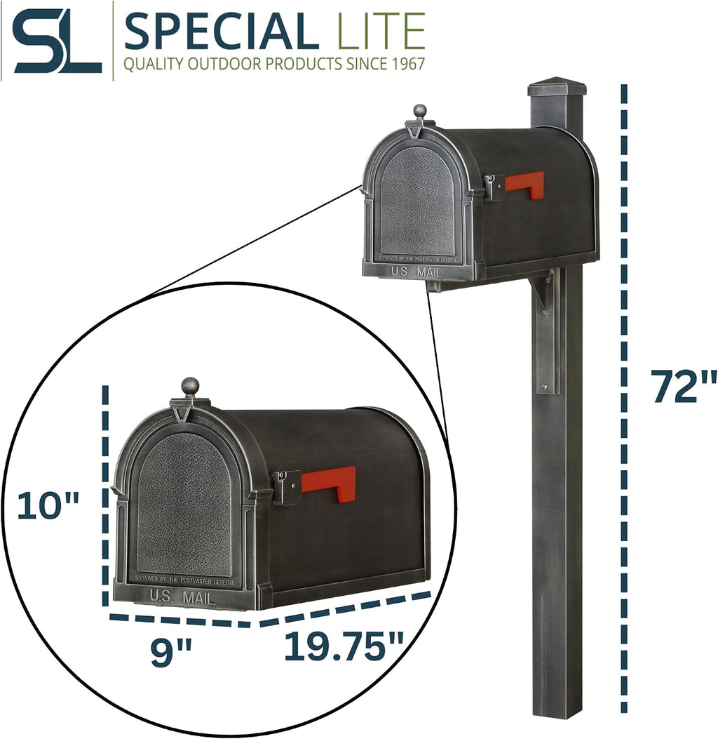 Special Lite Berkshire Curbside Mailbox with Wellington Post - Swedish Silver Aluminum Mailbox with Post - SCB1015_SPK720-SW