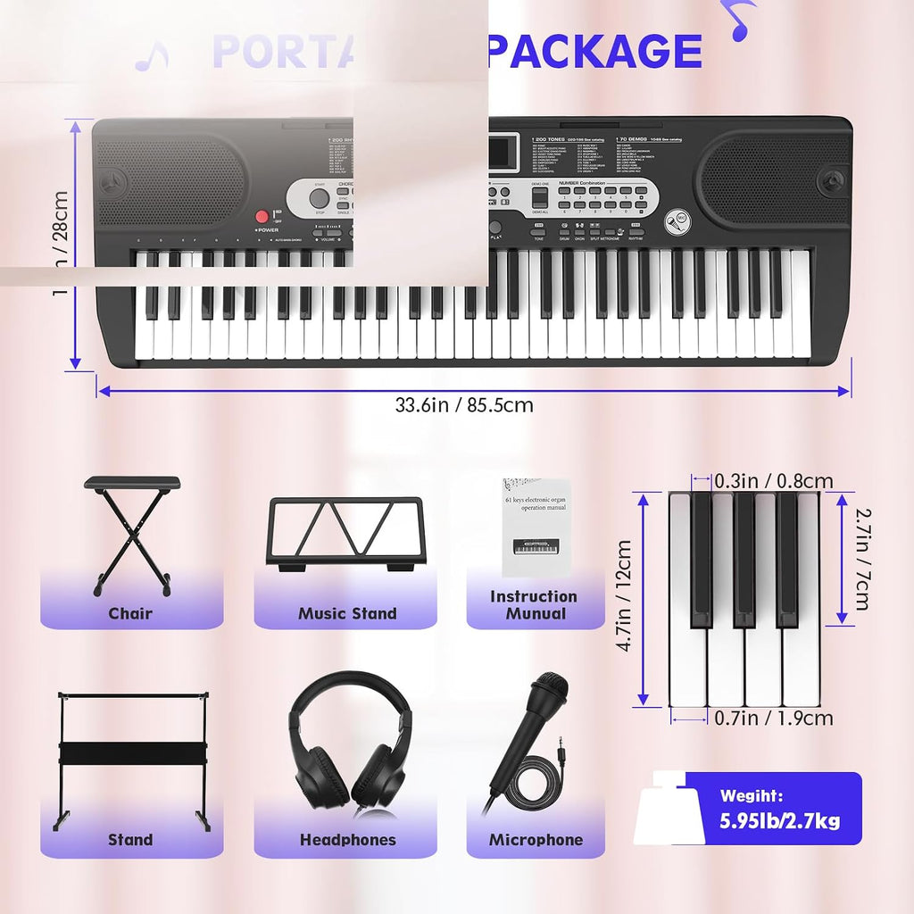 Fenbeli 61 Key Keyboard Piano for Beginners, Electric Piano Keyboard with Stand and Bench, Microphone, Headphone, Sheet Music Stand, LED Screen, 200 Tones, Teaching Mode, Holiday Gift