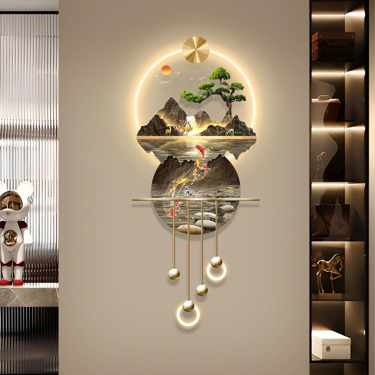 LED Light Decor Wall Art, 3D Art Wall Decor with Light, Decors Walls Sculptures Large 3D Art, Decors Walls Sculptures Lighting Modern, Plug-in Power Supply, Gold T, 23x53IN