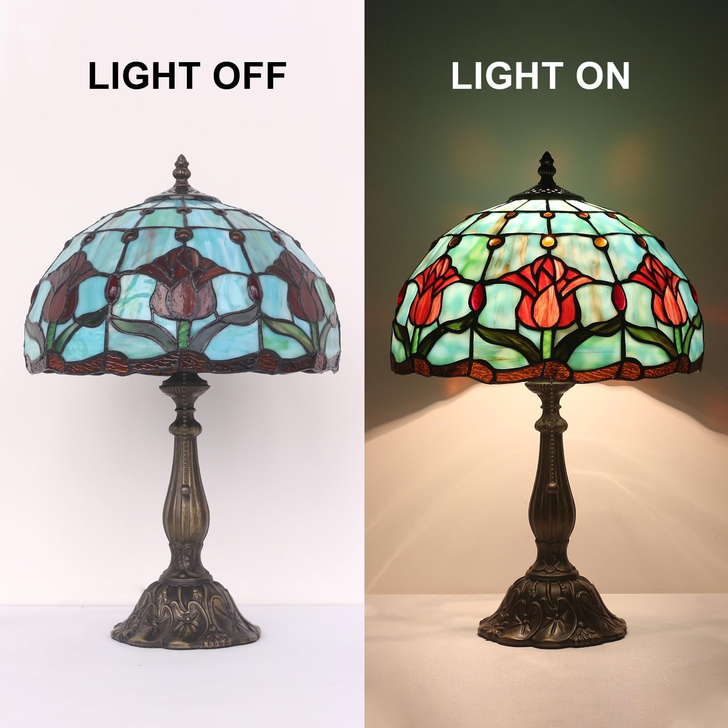 Stained Glass Tulip Table Lamp, Vintage Tiffany Style Reading Light, 12x12x19 Inch Antique Art Glass Desk Lamp for Home Office Bedroom Decor