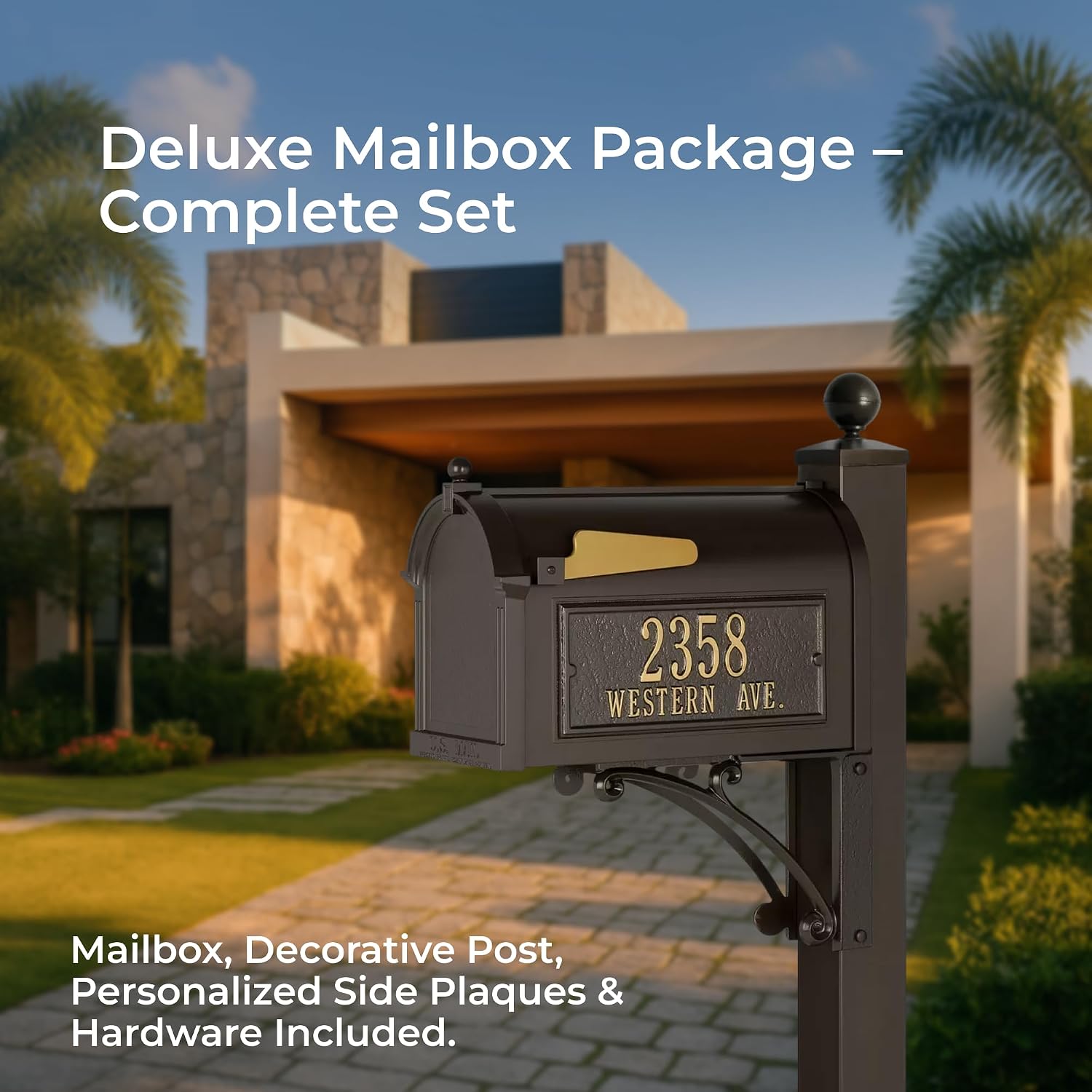 Deluxe Streetside Mailbox & Post in Bronze Personalized Side Plaques Oversized Mailbox for Home Exterior Durable Powder-Coated Cast Aluminum